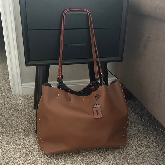 Coach Tote - Saddle Brown with Yellow Stitching and Turquoise Interior - Picture 1 of 15